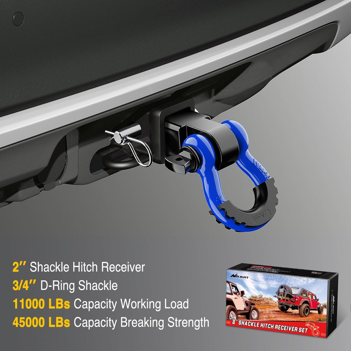 Heavy Duty 2-Inch Shackle Hitch Receiver for Ultimate Vehicle Recovery with 3/4" D-Ring Shackle